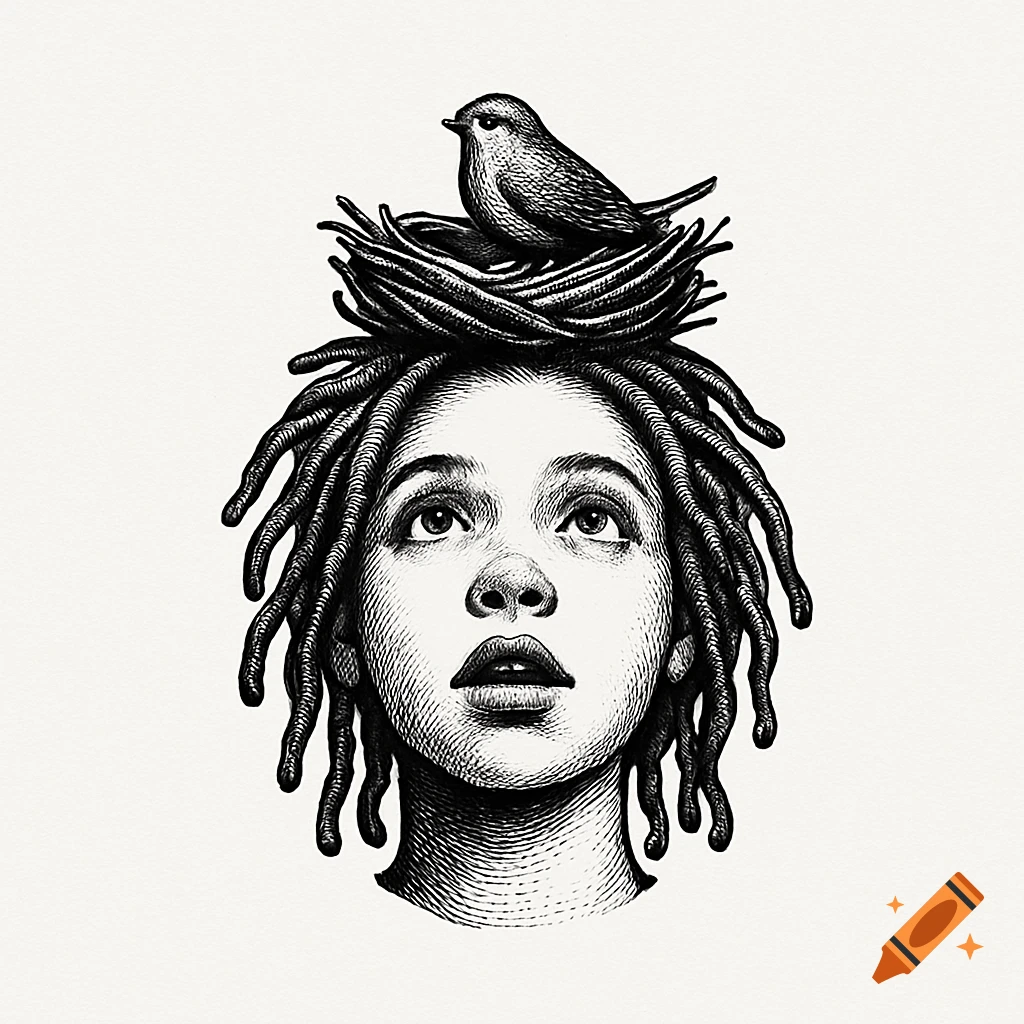 Black and white woodcut portrait of a woman with dreadlocks looking up at a bird's nest and bird on her head.