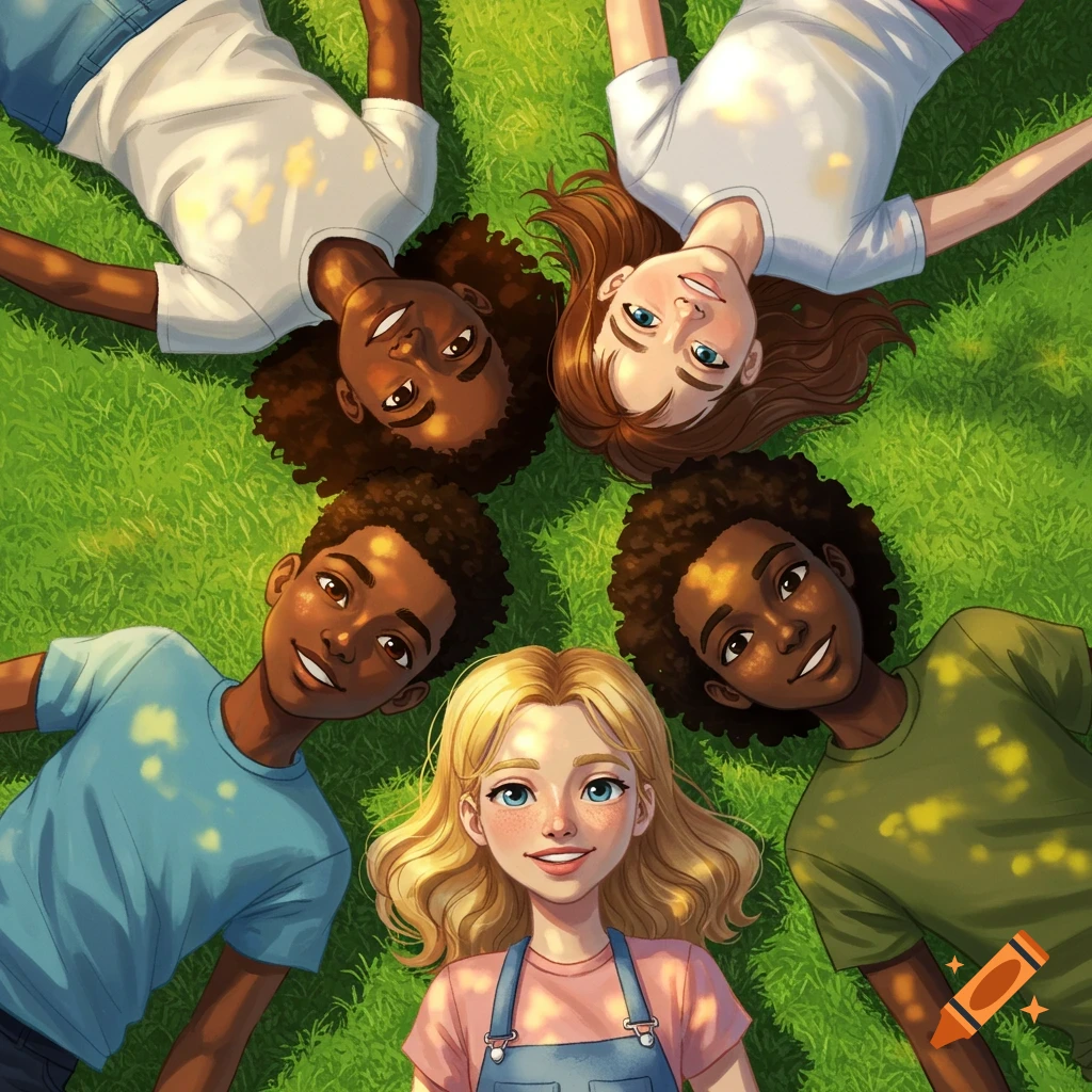 Five diverse children lying in a circle on green grass, smiling up in a vibrant illustration.