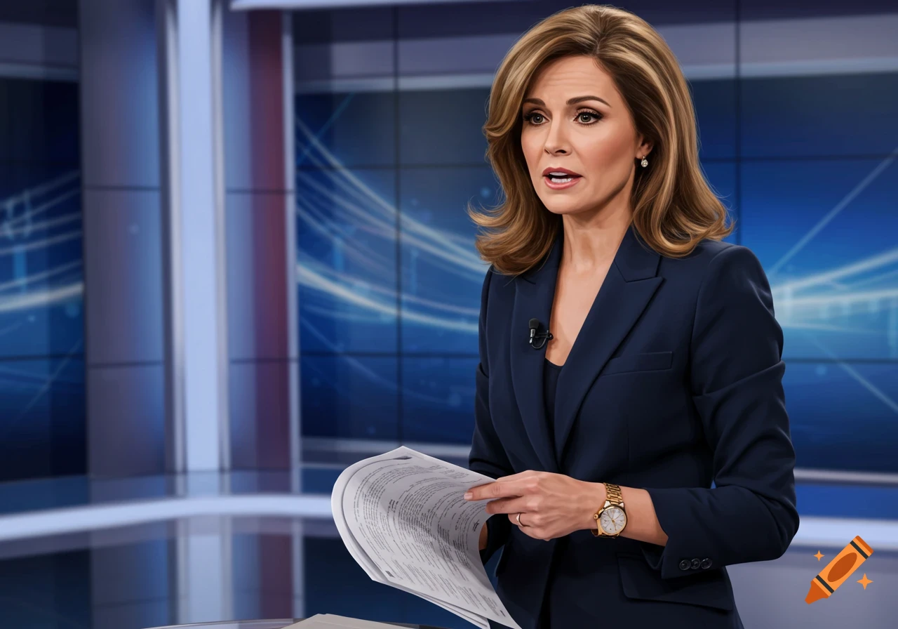An elegant female journalist in a navy blazer holds papers, presenting live in a professional news studio, realistic style.