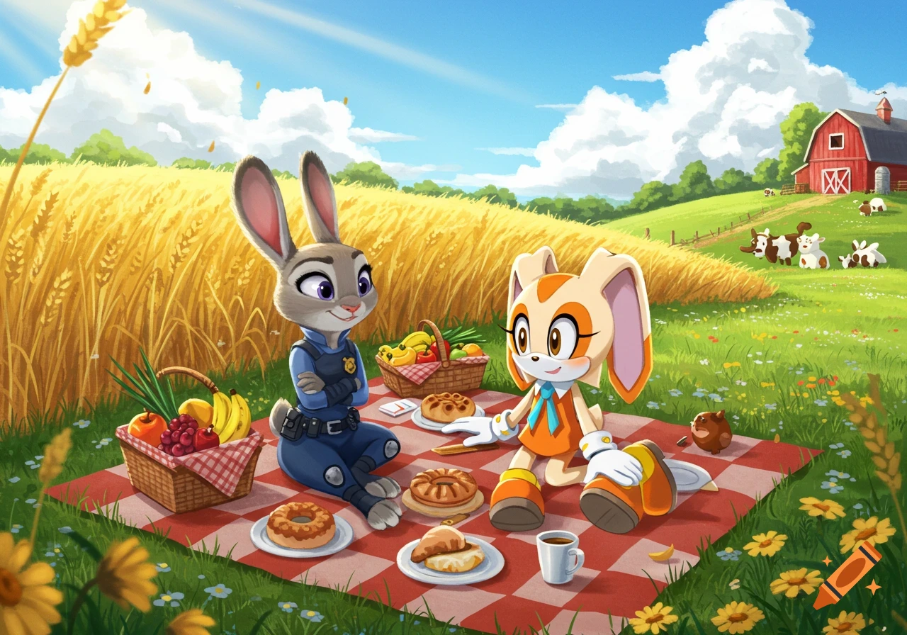 Judy Hopps and Cream the Rabbit picnic in a golden wheat field with a red barn and cows in the background, bright cartoon style.