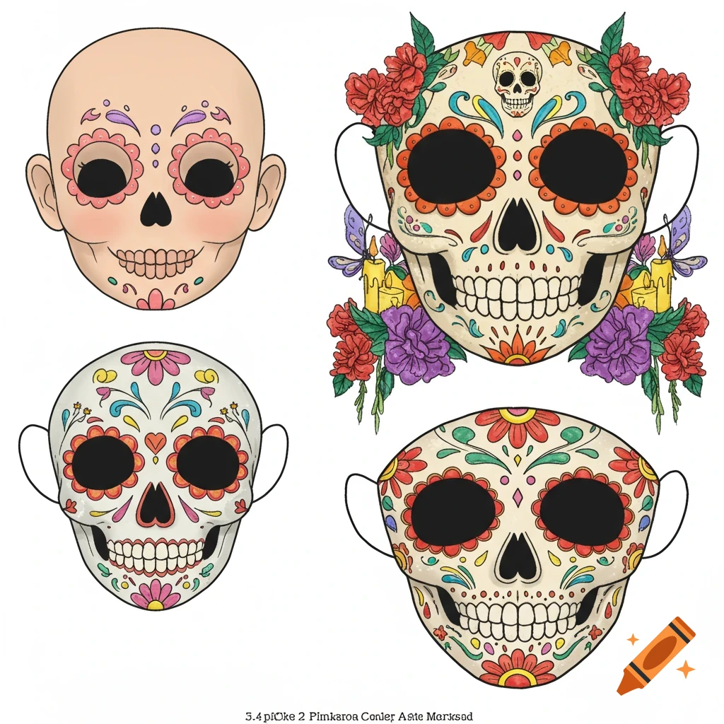 Four colorful Day of the Dead style sugar skull illustrations. One is a decorated face and three are skull masks with floral patterns, candles, and butterflies.