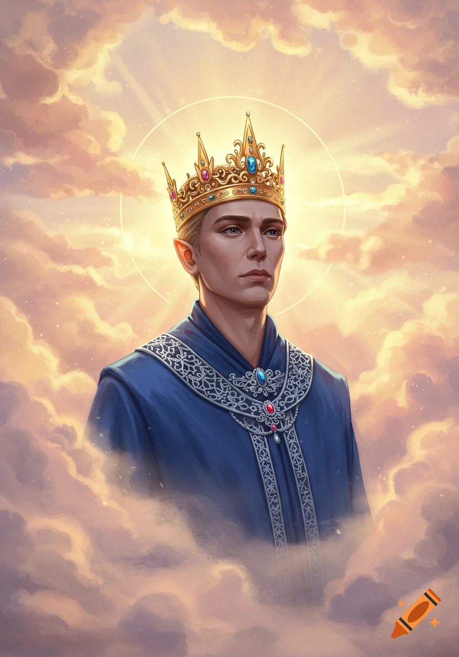 A regal elf in a golden crown and blue robes, enveloped by golden clouds and a halo in a fantasy portrait.