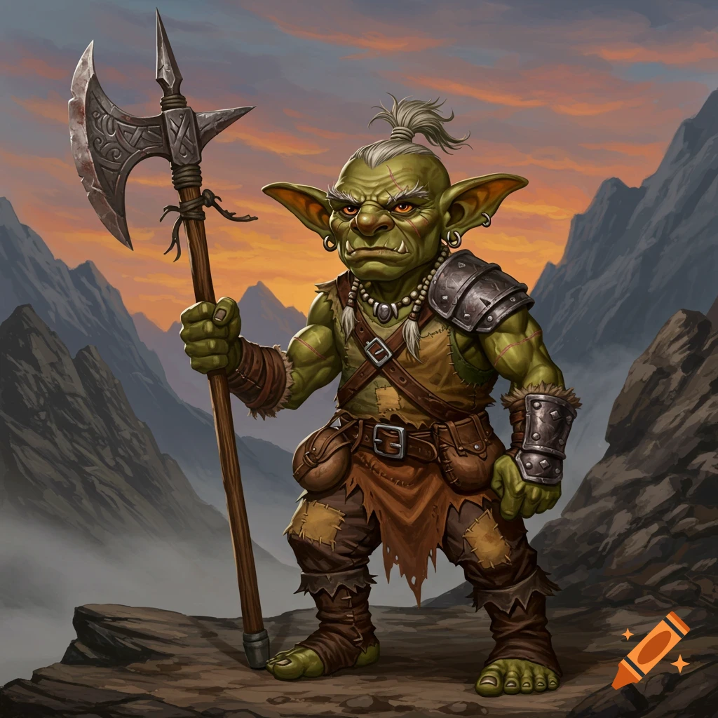 A detailed fantasy art portrait of a green-skinned goblin barbarian with a topknot, holding a large halberd on a rocky mountain at sunset.