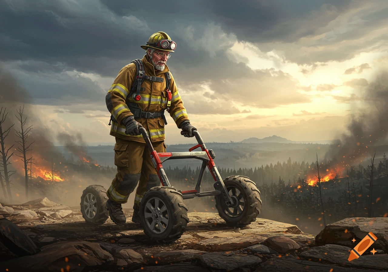 A geriatric firefighter in full gear pushes an all-terrain walker across rocky ground with a forest fire burning in the background under a cloudy sky.