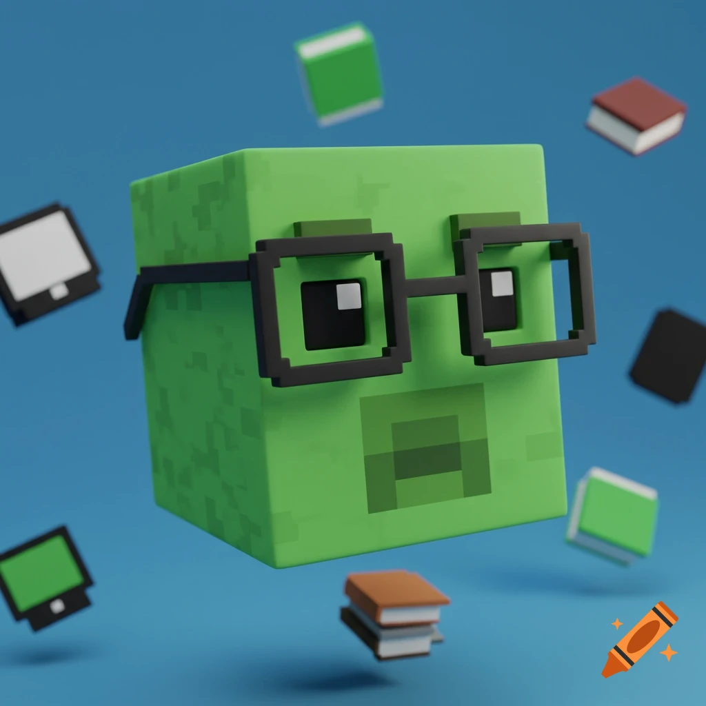 A pixelated green cube with pixelated glasses, resembling a nerdy Minecraft Creeper, floats in a blue background surrounded by small floating books and tablets.