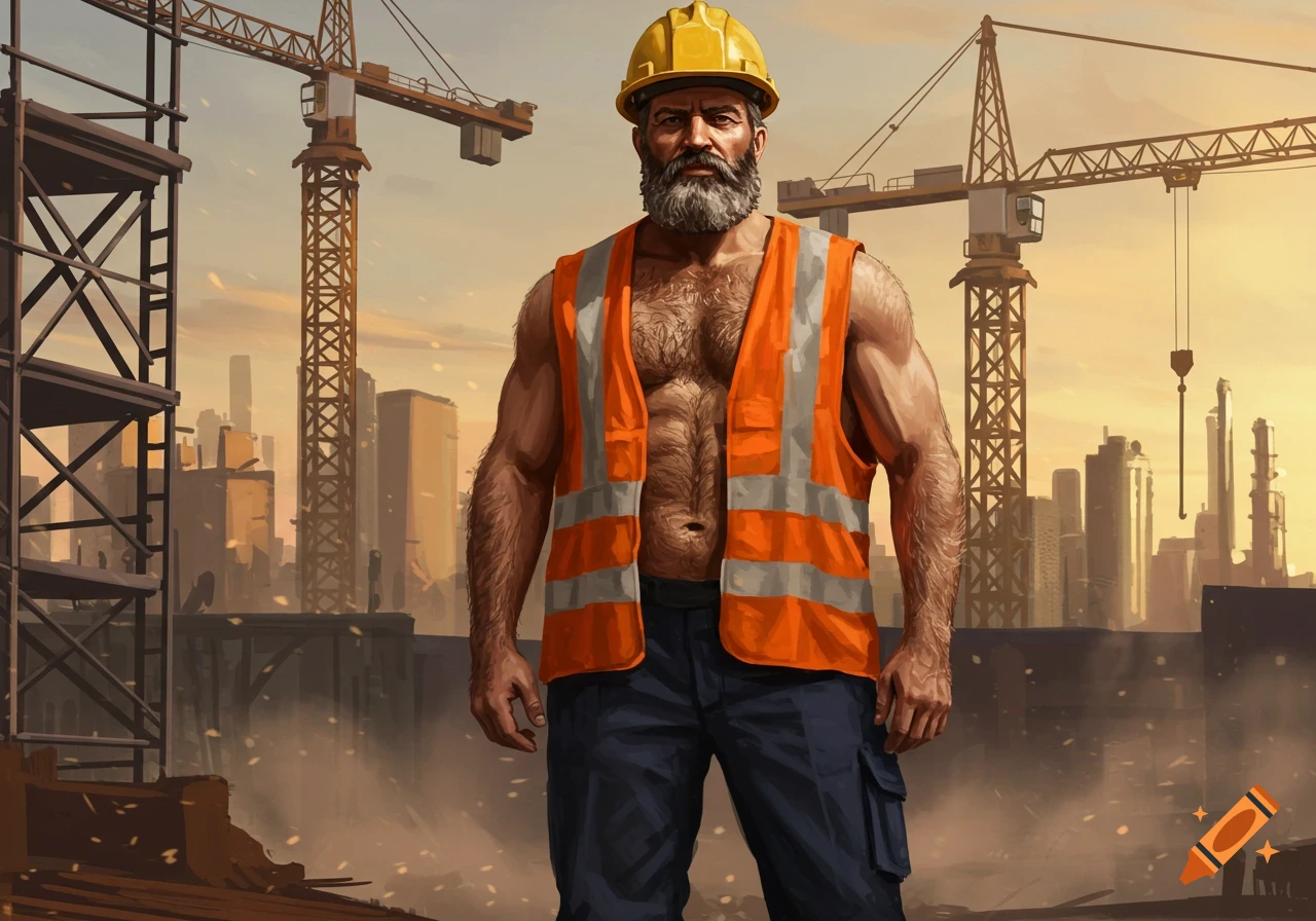 A muscular, bearded man in a yellow hard hat and open orange hi-vis vest stands at a construction site with cranes at sunset.