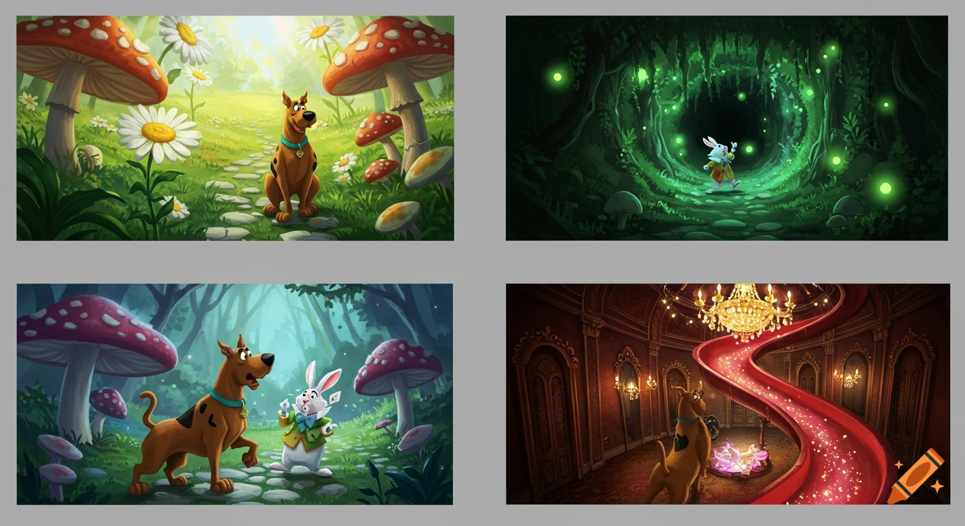 Four cartoon scenes showing Scooby-Doo in Wonderland with the White Rabbit, featuring mushroom landscapes, glowing rabbit holes, and a red slide.