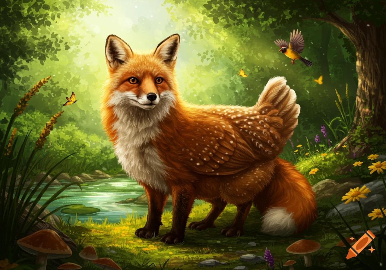 A fantastical creature, half fox and half chicken, stands in a vibrant, sunlit forest.