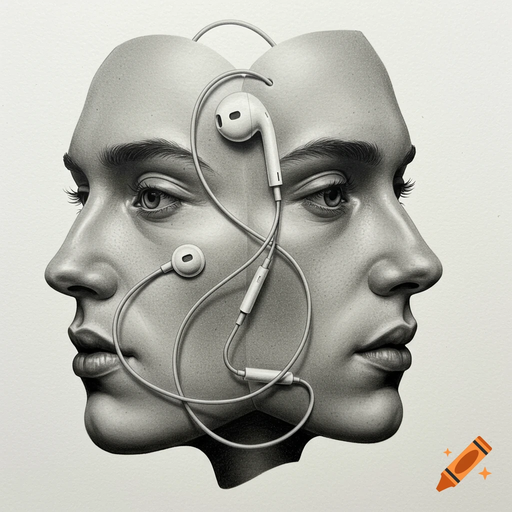 Pencil drawing of two overlapping faces, one in profile and one front-facing, with white wired earphones intricately woven around them.