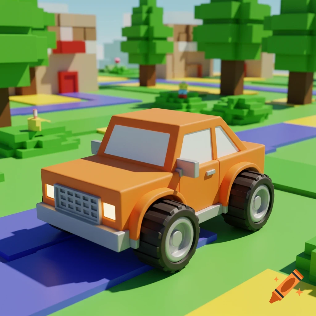 An orange blocky car drives on a blue road in a colorful voxel art landscape with trees and houses.