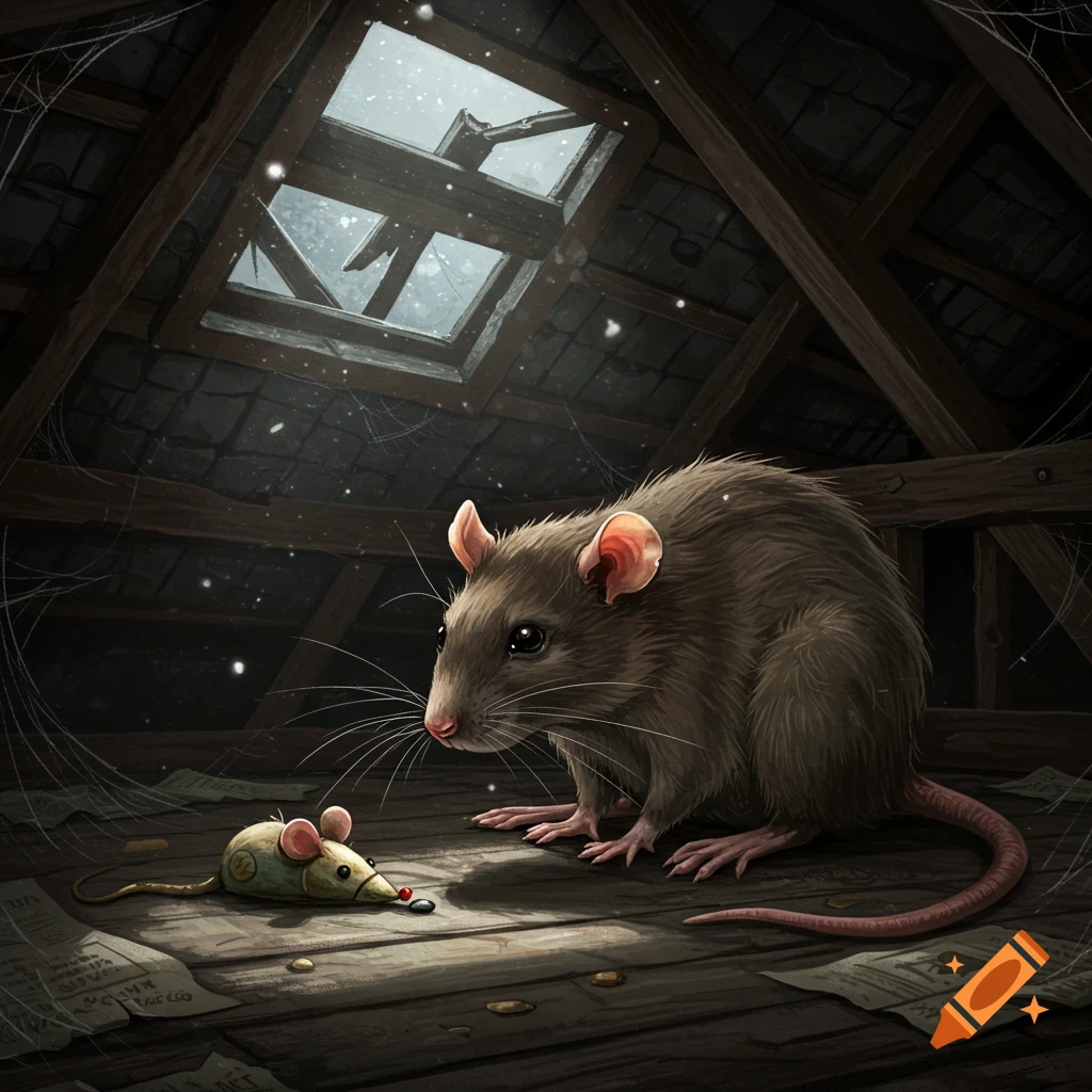 A large brown rat looks at a small toy mouse on a wooden attic floor, illuminated by snow falling through a broken skylight.