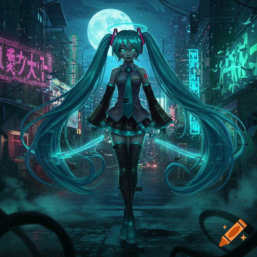 Hatsune Miku stands in a neon-lit cyberpunk city at night under a full moon, with glowing eyes and long blue pigtails.