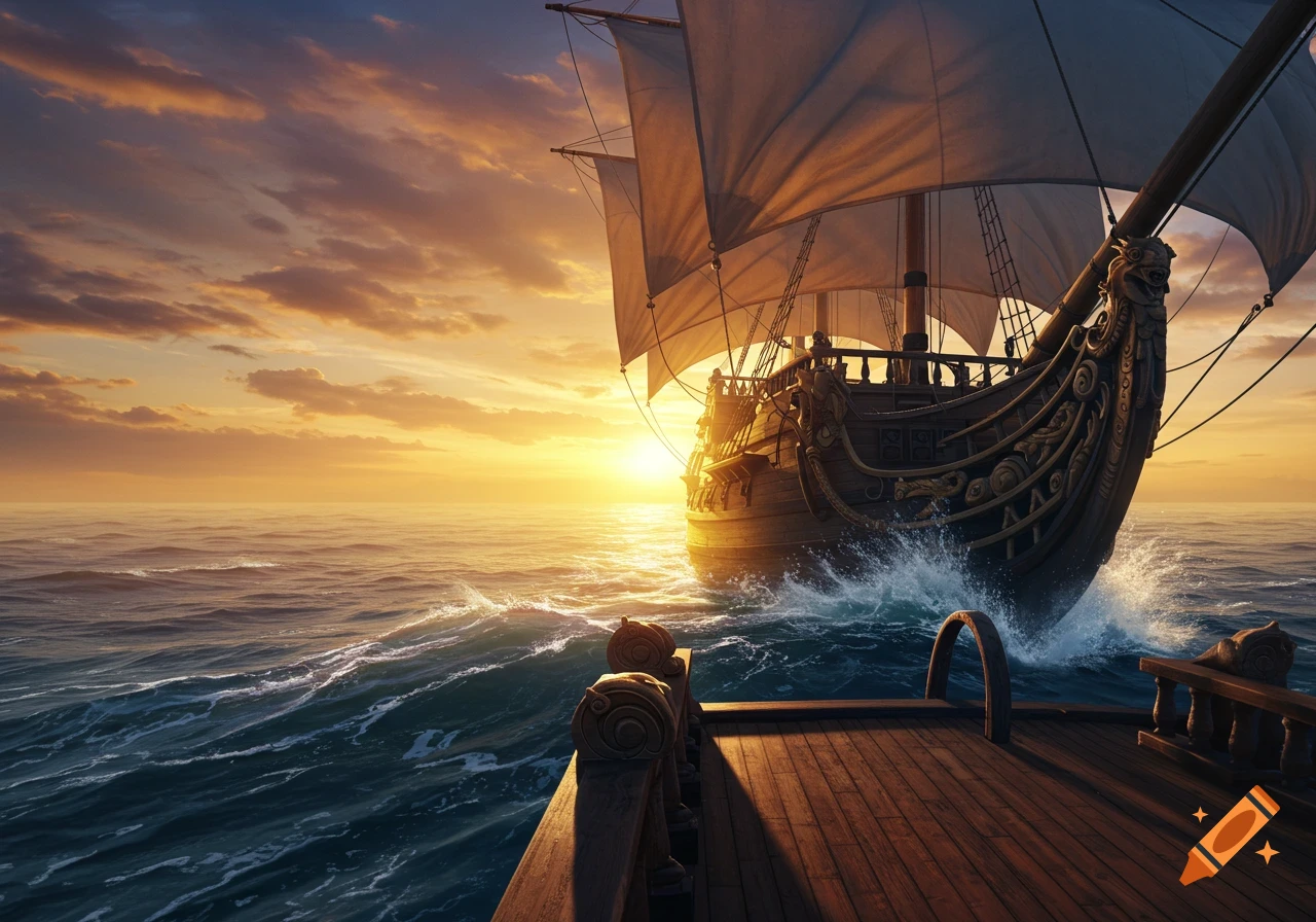 A grand sailing ship with large sails cuts through the blue ocean waves at a vibrant sunset, viewed from another boat.
