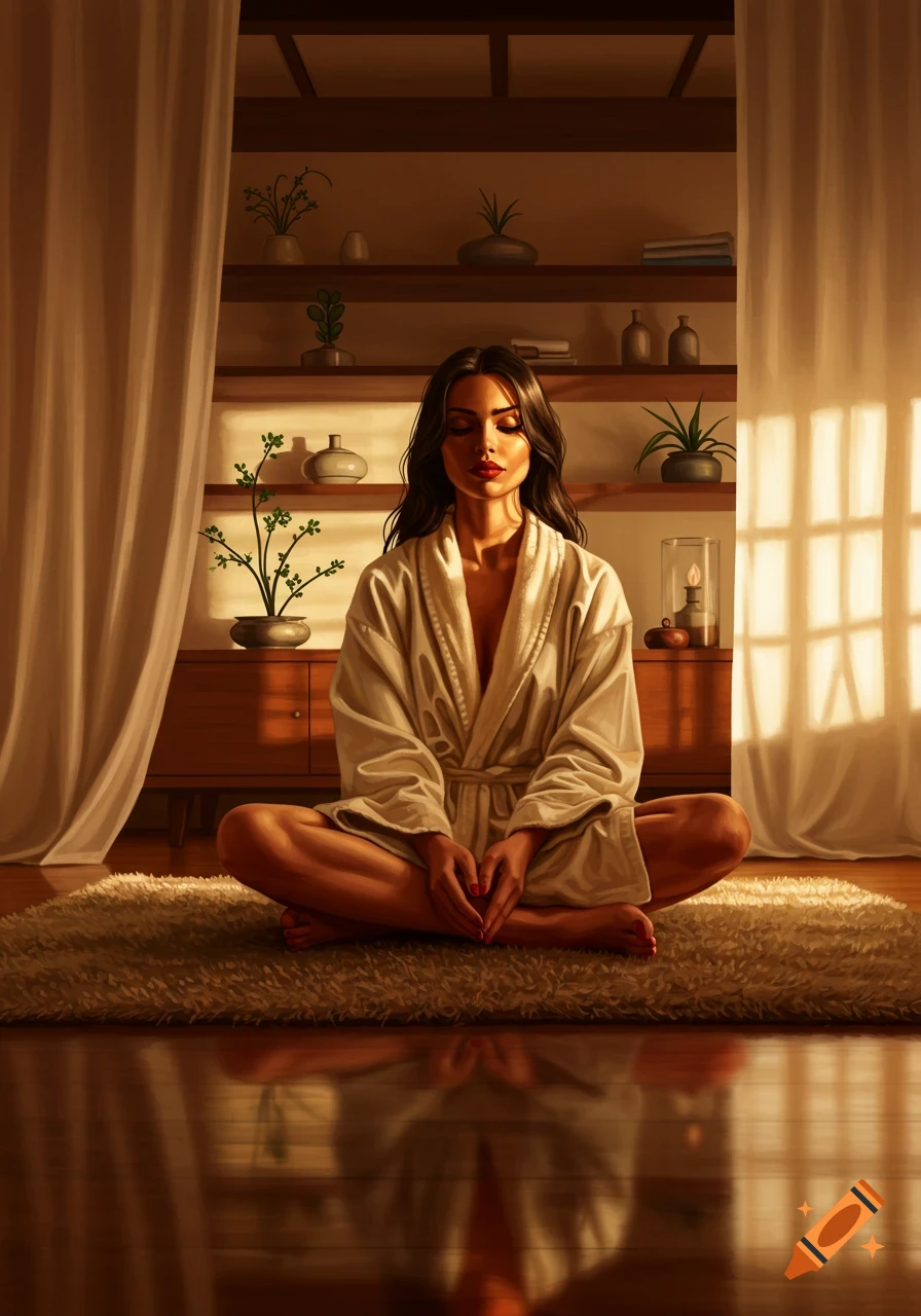 Woman in a white bathrobe meditating cross-legged on a shag rug, illuminated by warm sunlight streaming through a window.