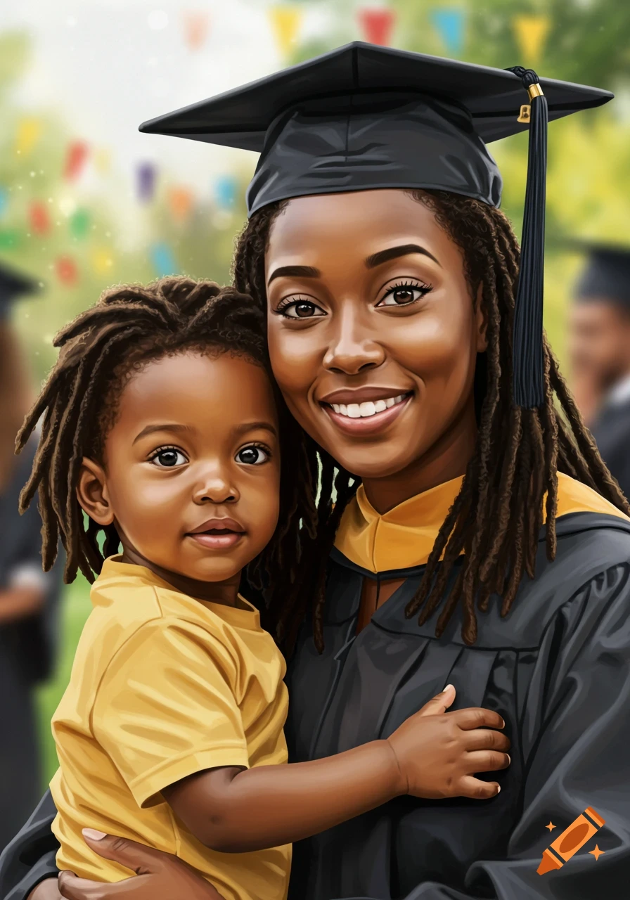 A smiling African American woman in a graduation cap and gown holds her young son with dreadlocks against a festive outdoor background.
