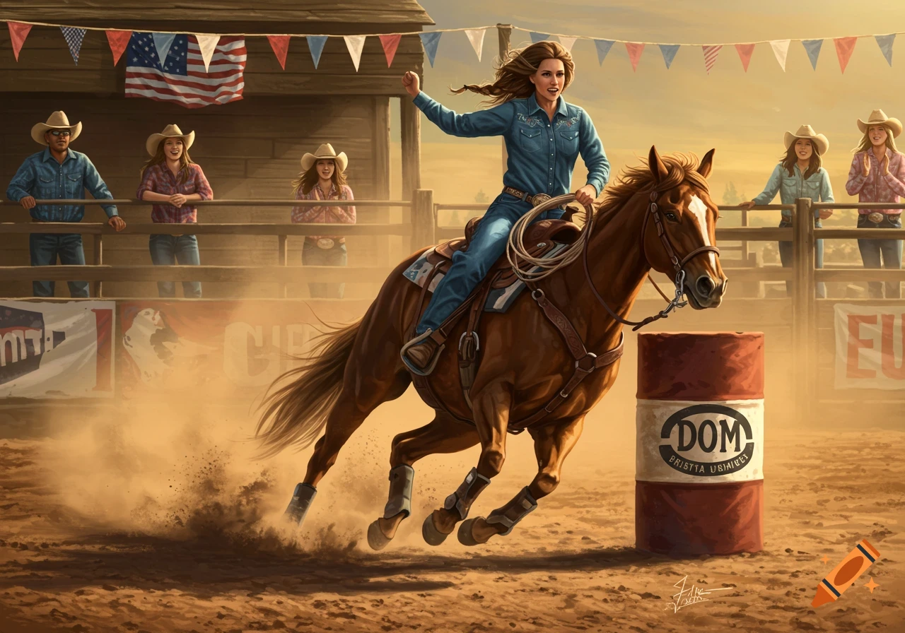 A cowgirl on a brown horse kicks up dust as she rounds a barrel during a barrel racing event, with spectators in the background. Digital painting style.