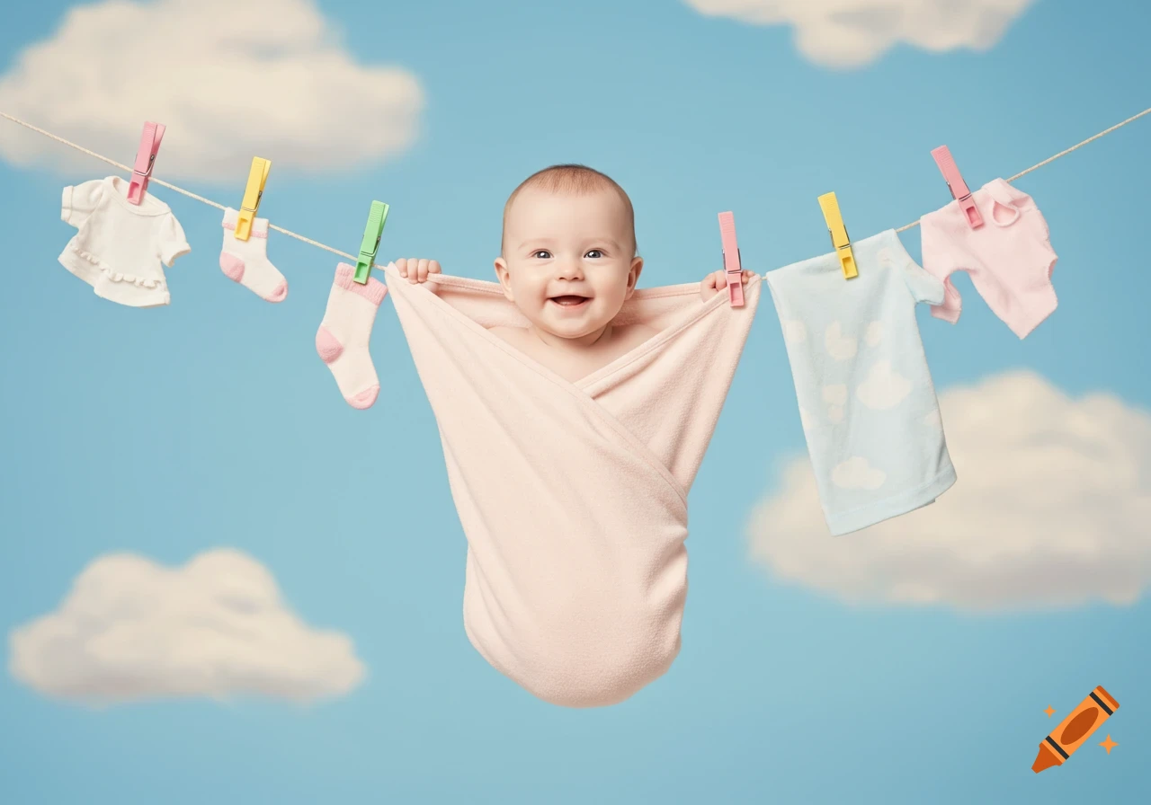 A smiling baby wrapped in a pink blanket hangs from a clothesline with baby clothes against a blue sky with clouds.