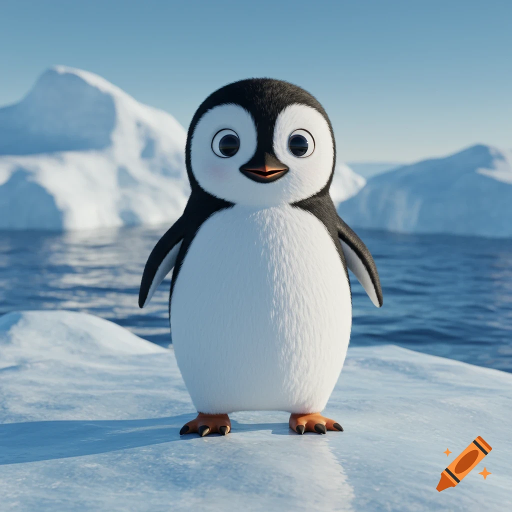 A cute, chubby Pixar-style 3D animated penguin stands on ice with a cheerful smile, surrounded by icebergs and water.
