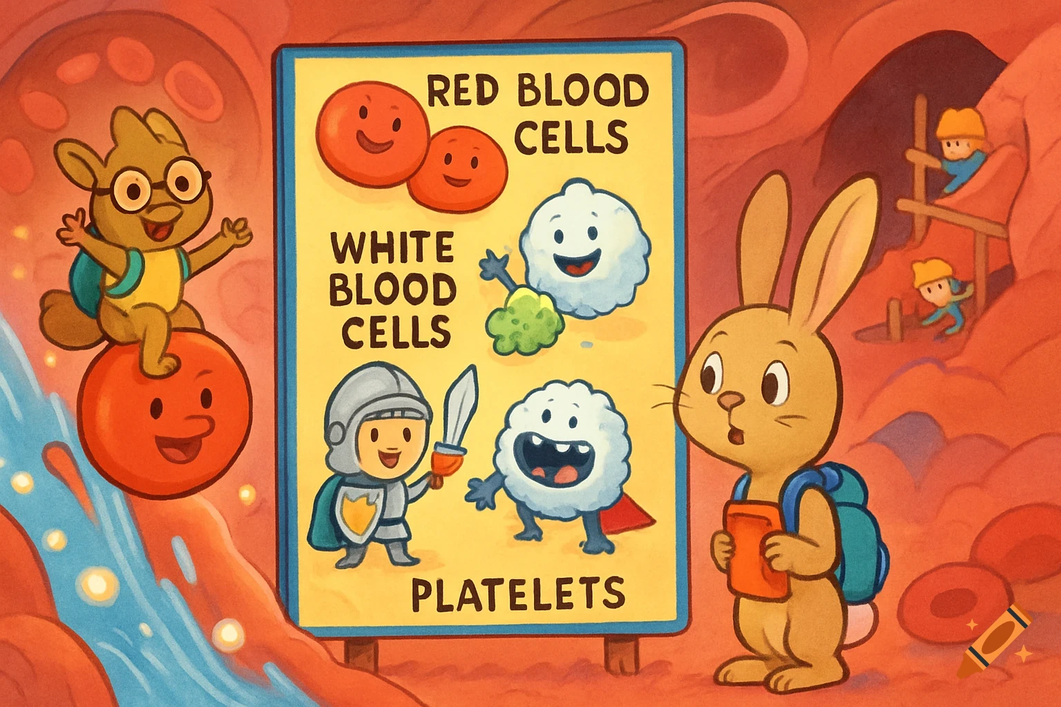 Cute cartoon of a rabbit and squirrel in a vein, squirrel riding a red blood cell, looking at a chart of blood cell types.