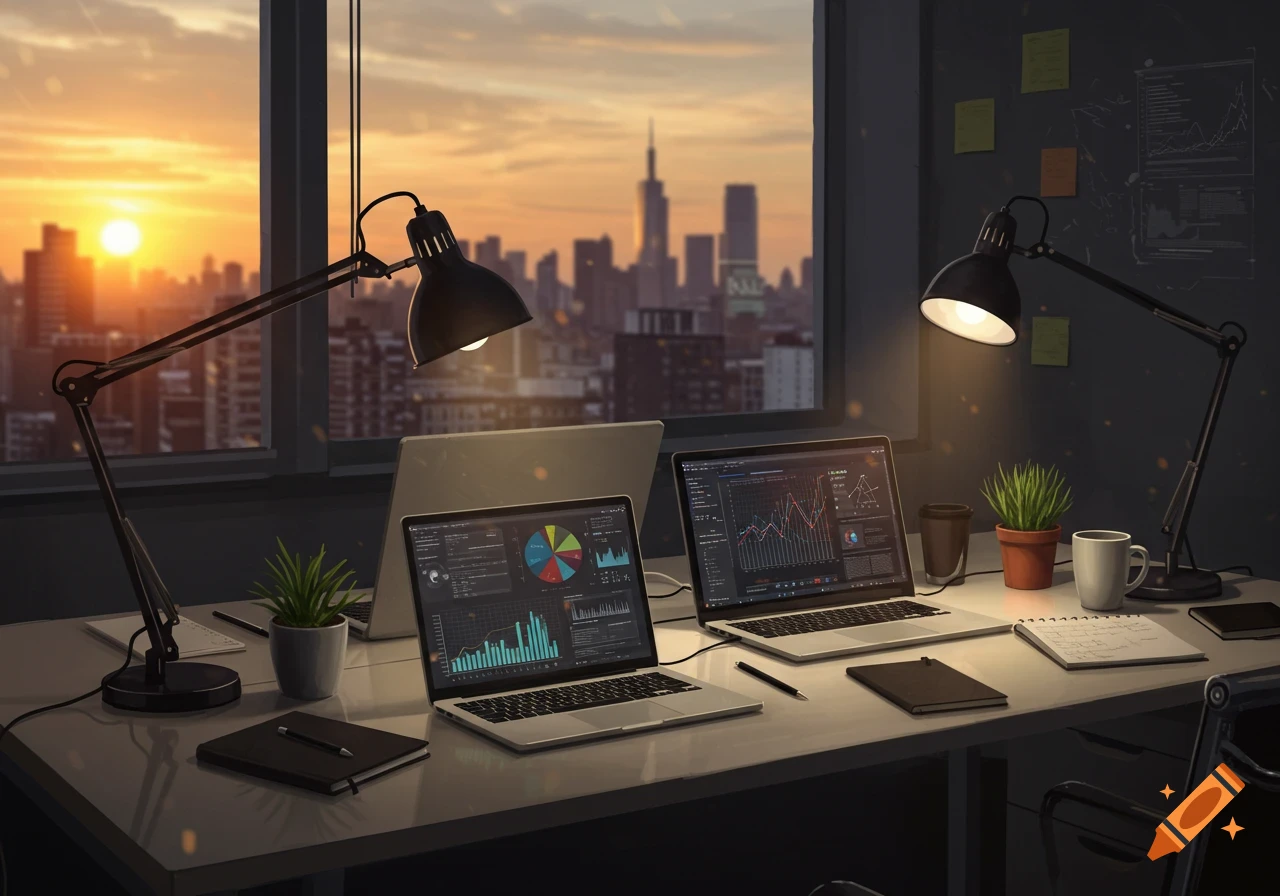 A modern office desk with two laptops displaying data, desk lamps, and potted plants, overlooking a city skyline at sunset.