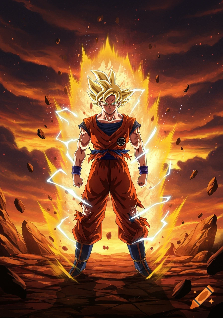 Goku in Super Saiyan form, enveloped in a bright yellow aura with electricity, standing on a rocky terrain under an orange sky in anime style.