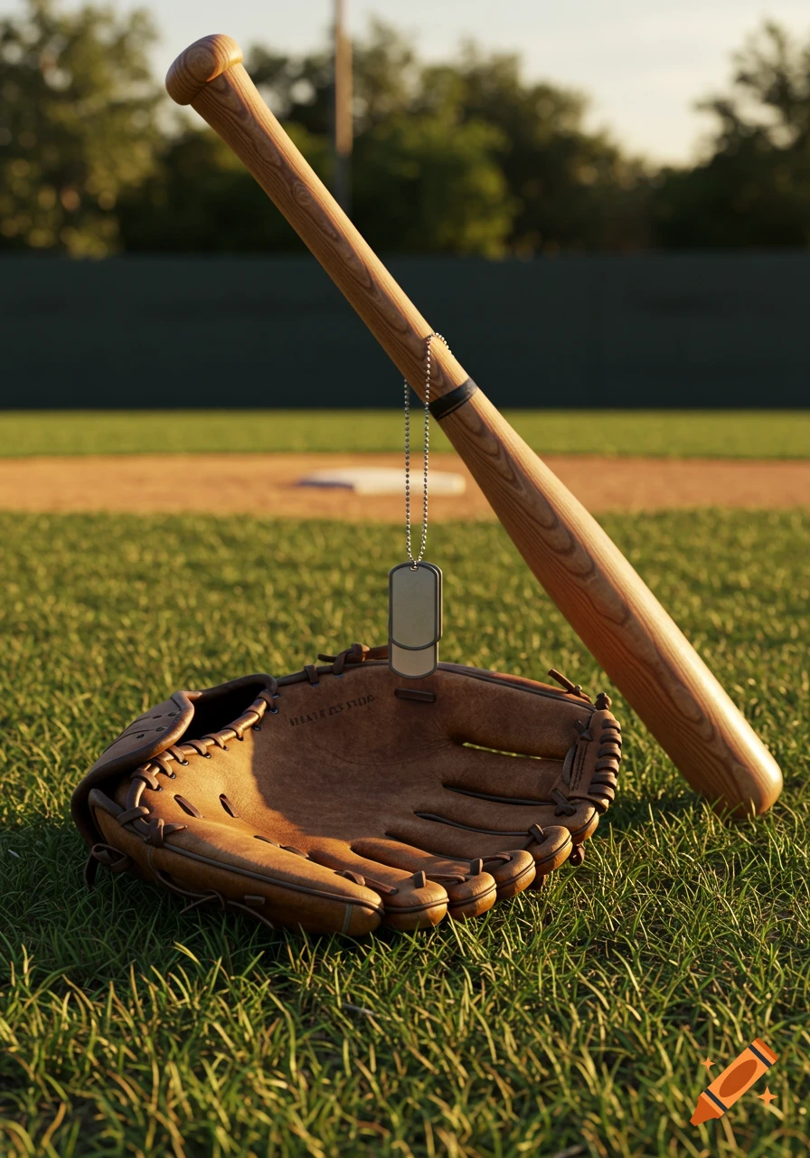 A close-up of a baseball glove and bat with dog tags hanging from it on a grassy baseball field.