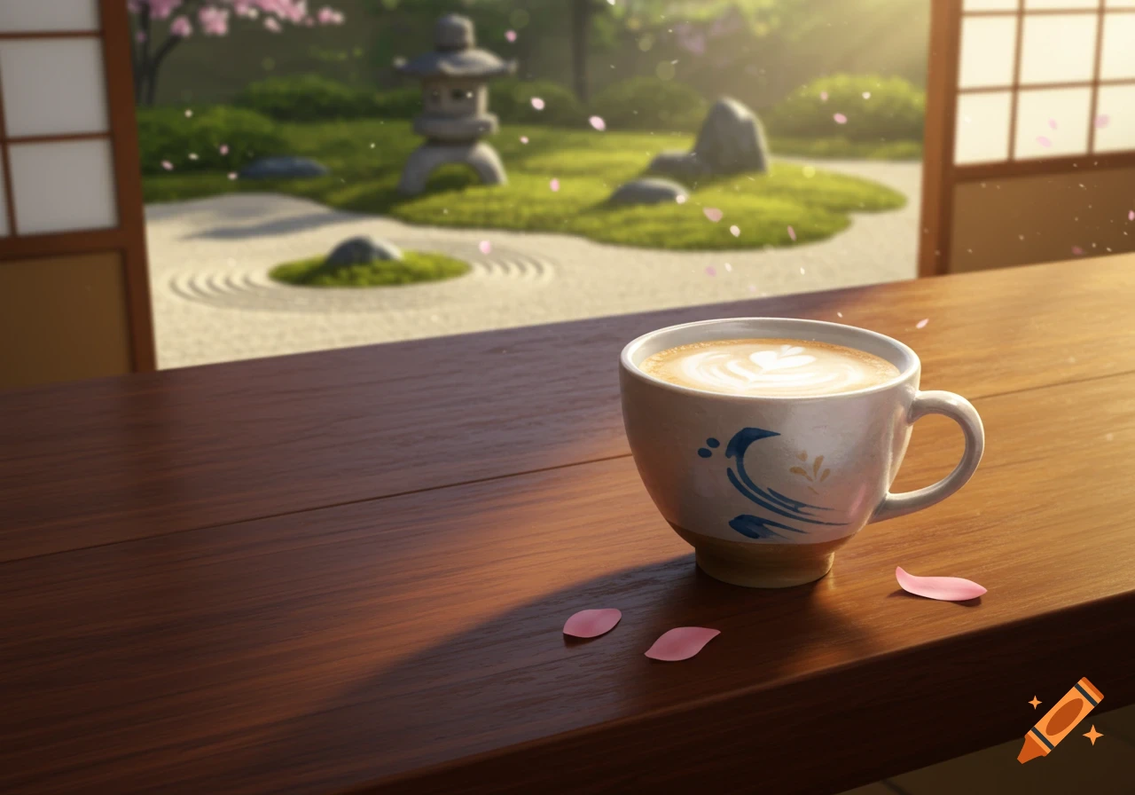 A latte on a wooden table, overlooking a serene Japanese garden with a stone lantern, raked sand, and falling cherry blossoms.