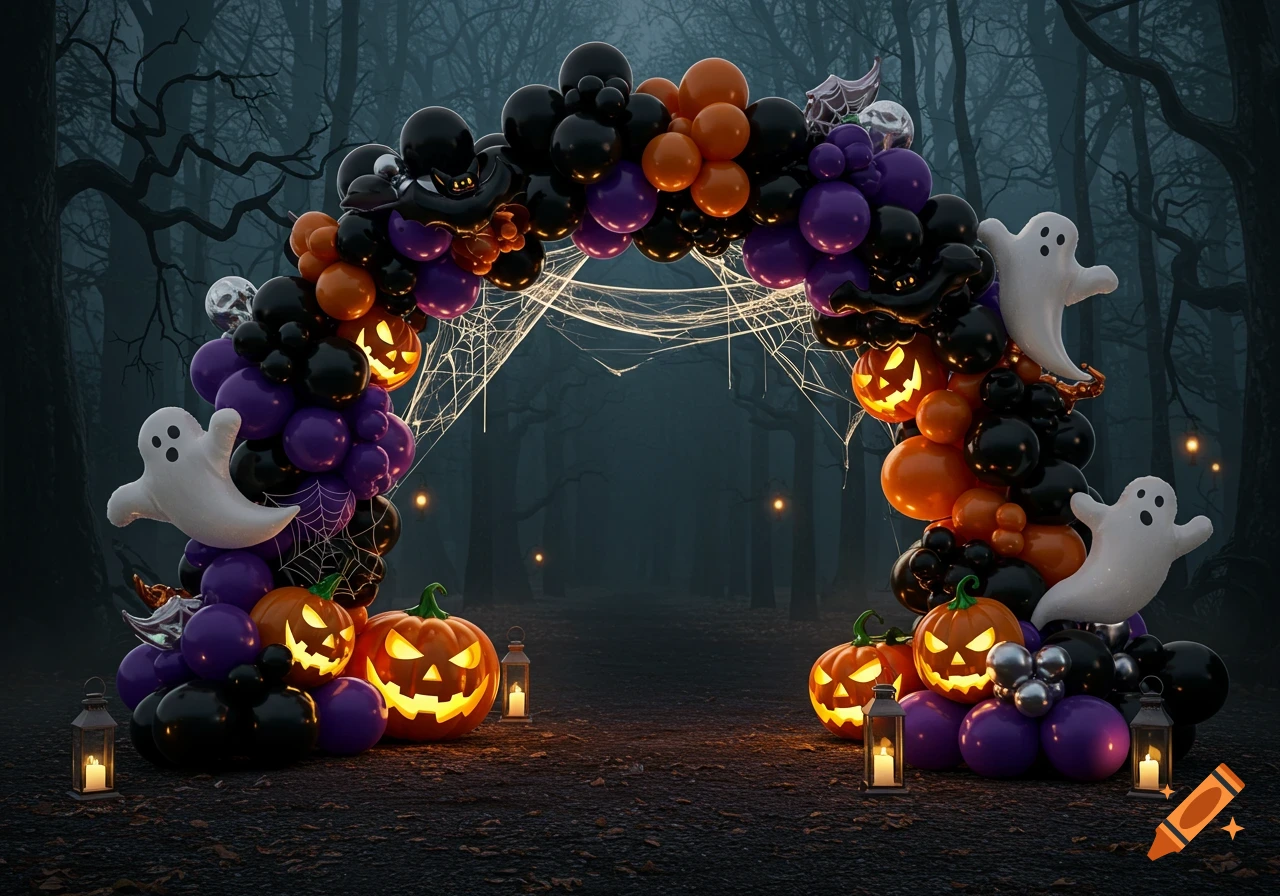 A spooky Halloween balloon arch with black, purple, and orange balloons, ghost balloons, and glowing jack-o'-lanterns in a dark forest.