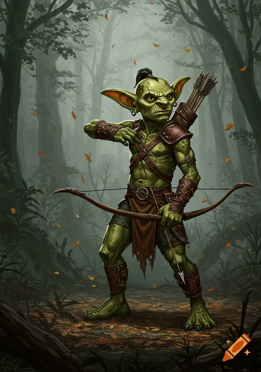 A green goblin archer in leather armor stands in a forest, holding a bow and arrow. Fantasy illustration.