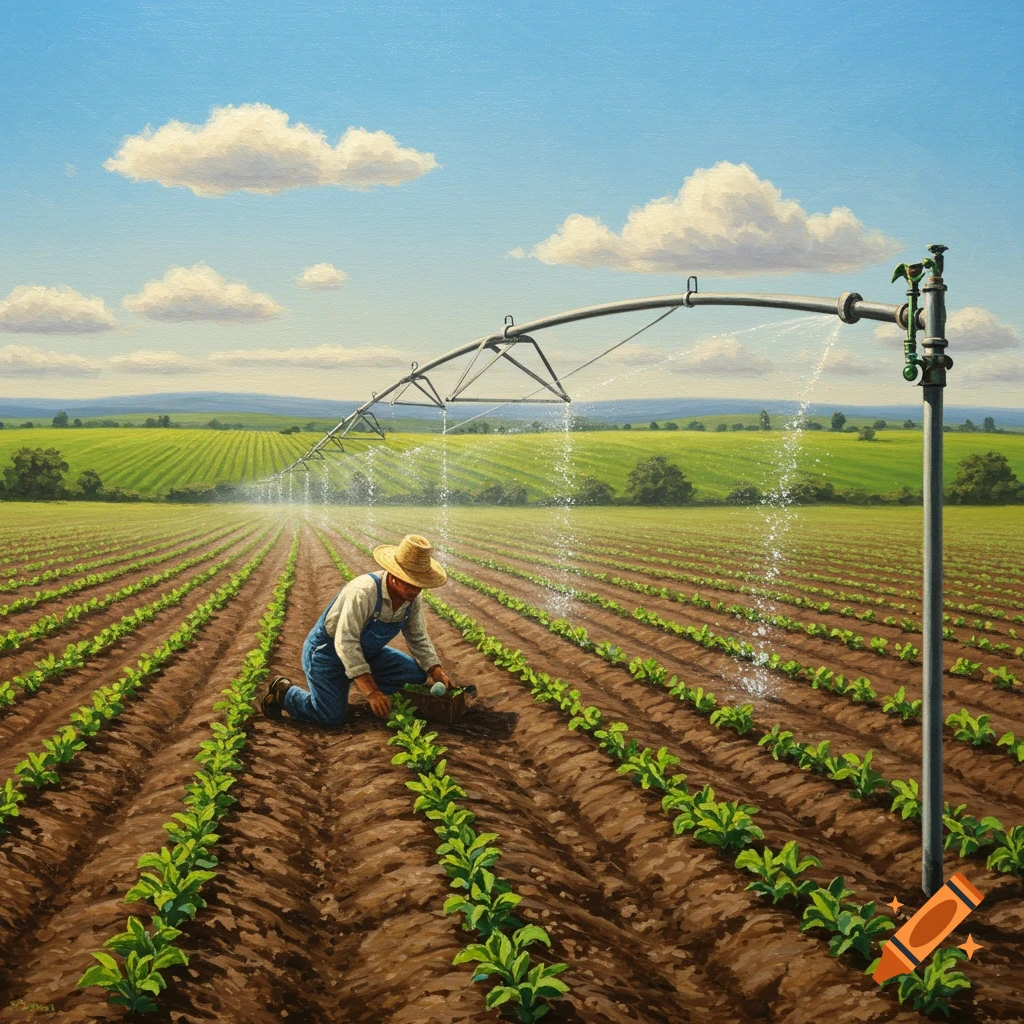 A farmer in a straw hat and overalls kneels to plant crops in a field under a blue sky with an irrigation system watering the rows, in a painterly style.