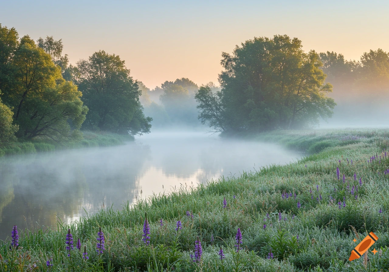 Misty river winding through a lush green landscape with trees and purple flowers during sunrise or sunset.