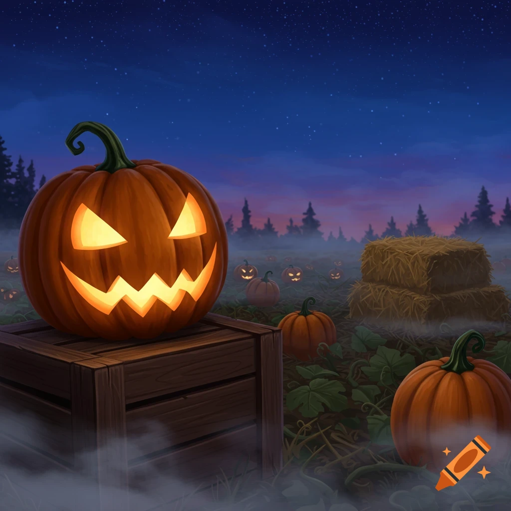 A spooky, warm-lit jack-o'-lantern on a wooden crate in a foggy pumpkin patch at night under a starry sky.