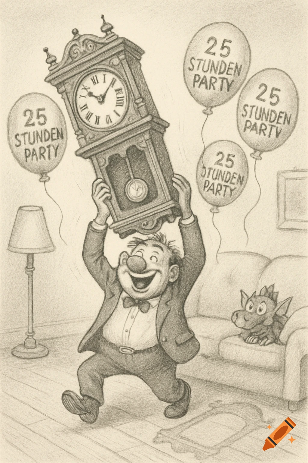 A jovial man with a red nose, in a suit, gleefully runs while hoisting a grandfather clock above his head. Balloons with "25 STUNDEN PARTY" float around him, and a small dragon sits on a couch in this pencil drawing style.
