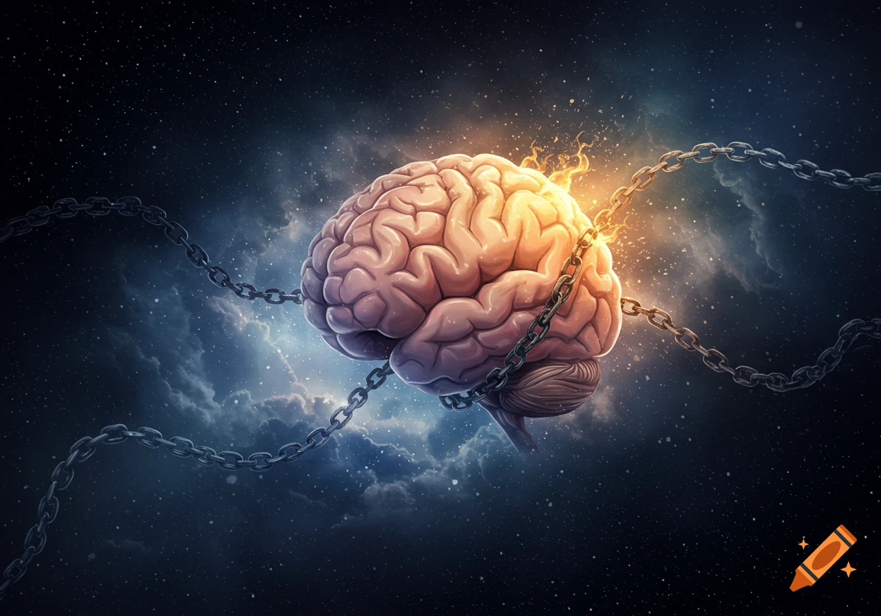 A glowing, fiery human brain entangled in metal chains against a dark cosmic background with stars and nebulae.