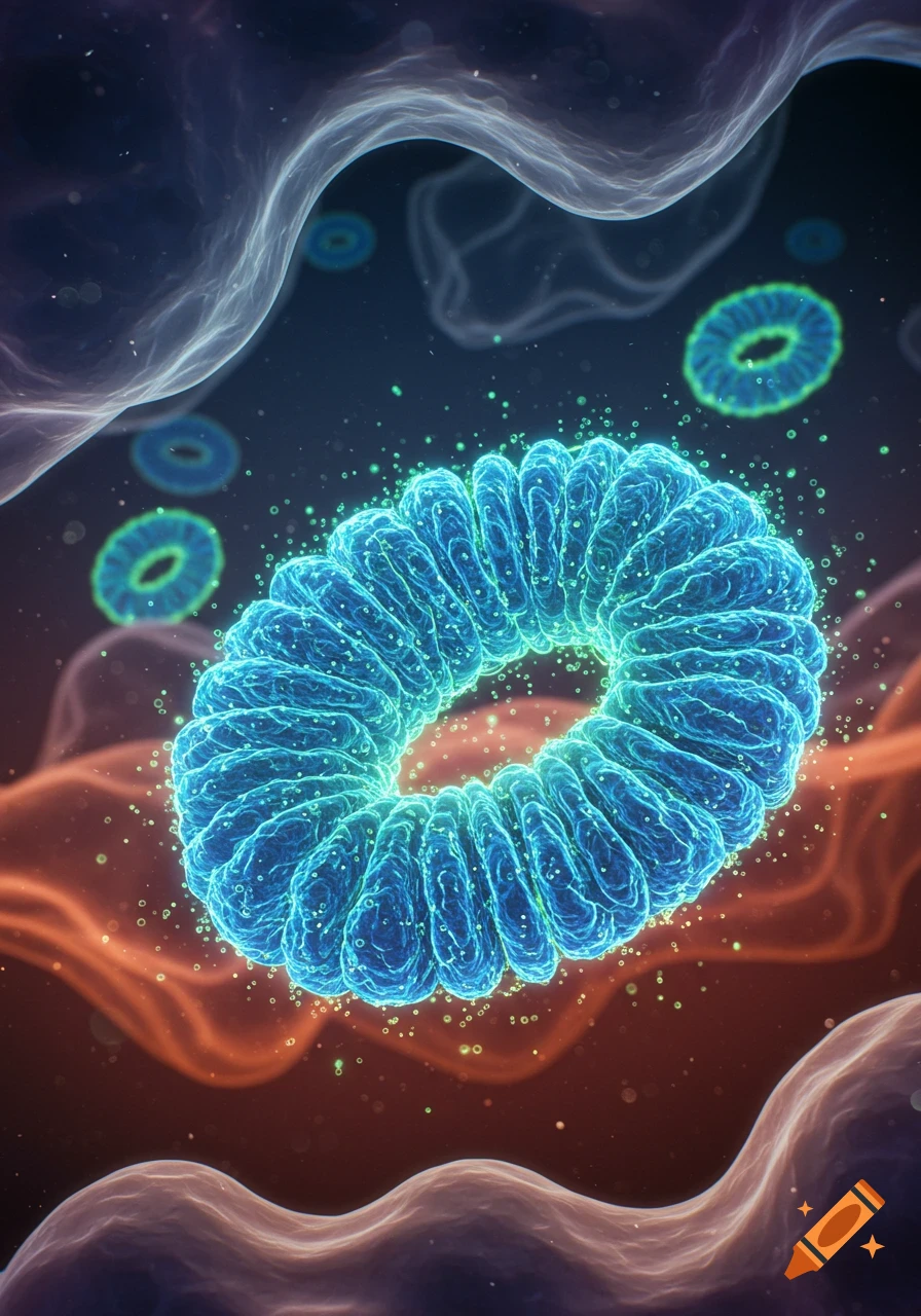 A vibrant blue ring-shaped microscopic organism glowing with green particles, against a dark, abstract biological background.