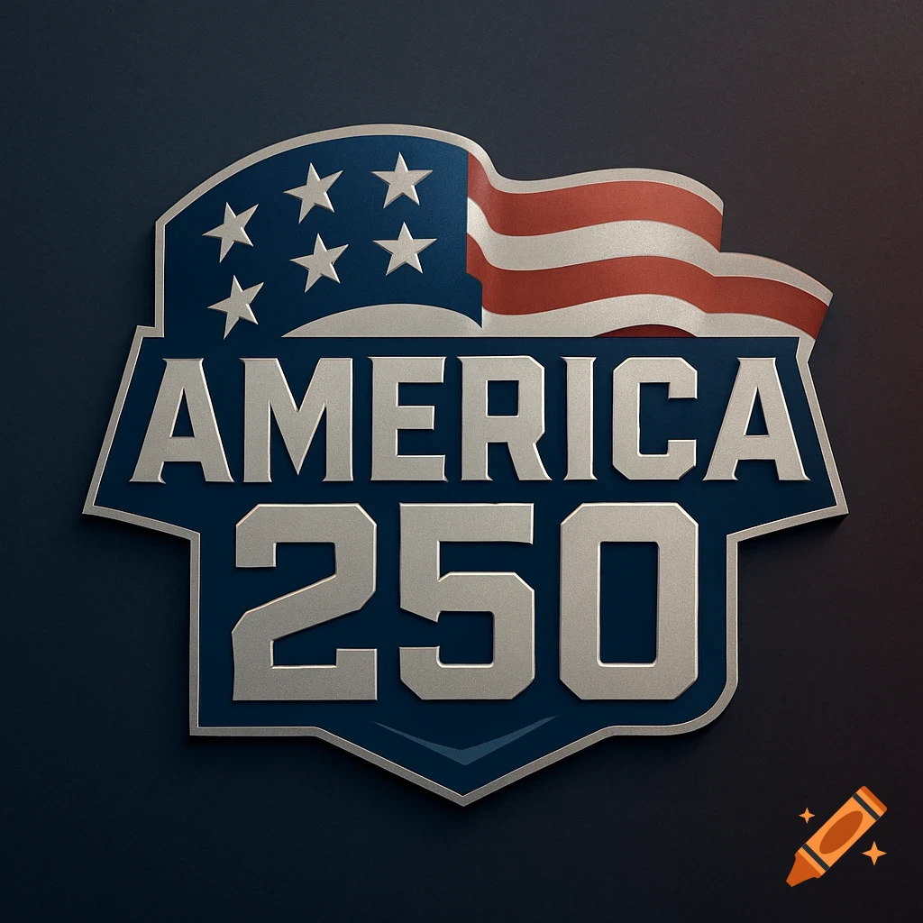A metallic logo shield with 'AMERICA 250' text and a waving American flag.