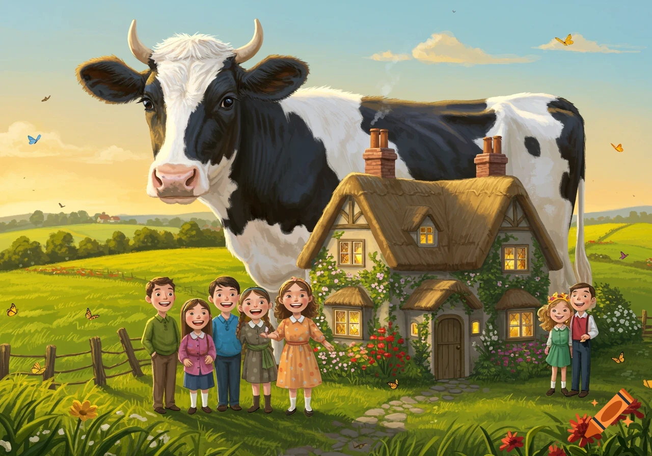 A giant black and white cow stands behind a quaint cottage with ivy, surrounded by smiling children in a sunny green field with flowers and butterflies, in a whimsical illustration.