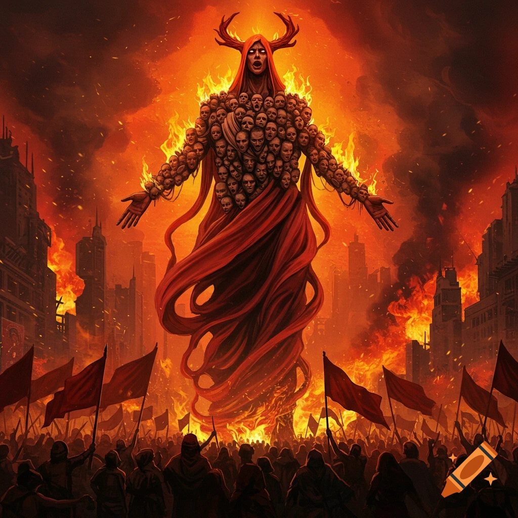 A towering, demonic figure with antlers and a body covered in faces, engulfed in flames, overlooks a burning city with a crowd.