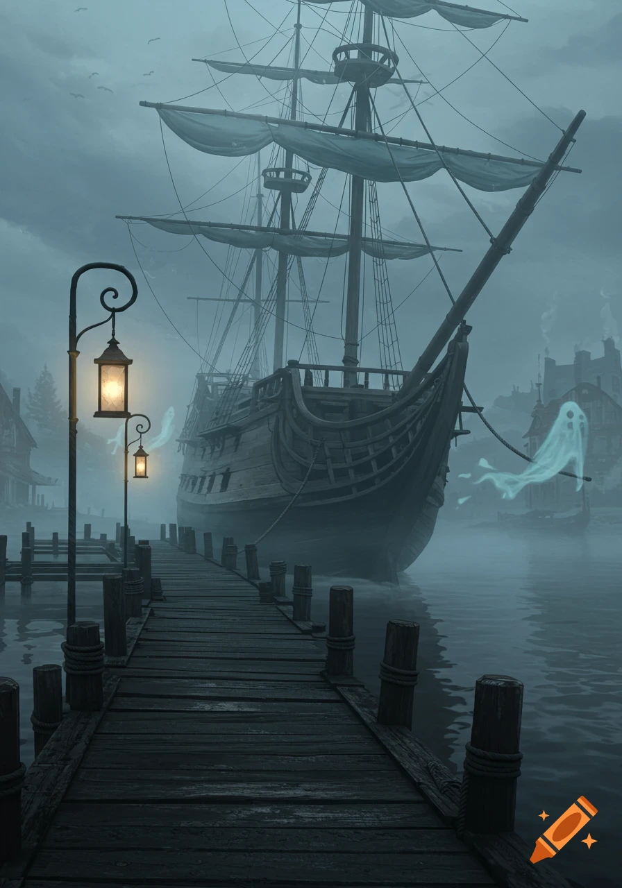 A spooky old ship docked at a misty harbor, with glowing lanterns on a pier and two ethereal ghosts floating nearby.