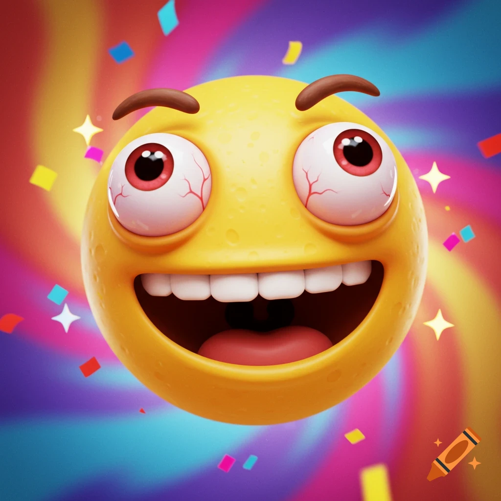 A goofy 3D emoji with wide, bloodshot eyes and a huge smile, surrounded by colorful confetti and a rainbow swirl.