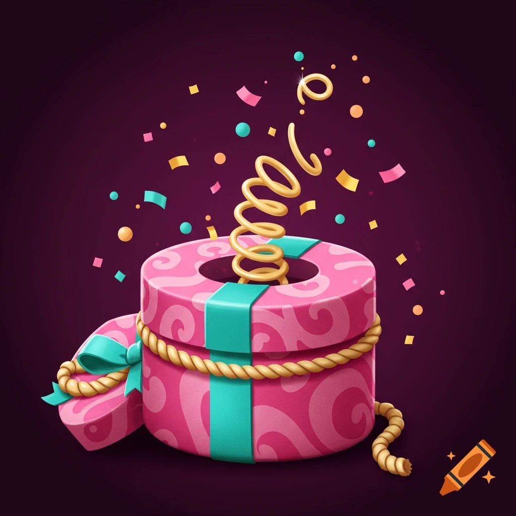 An illustration of a round pink gift box with a teal ribbon and rope, with a yellow spring and colorful confetti bursting out against a dark purple background.