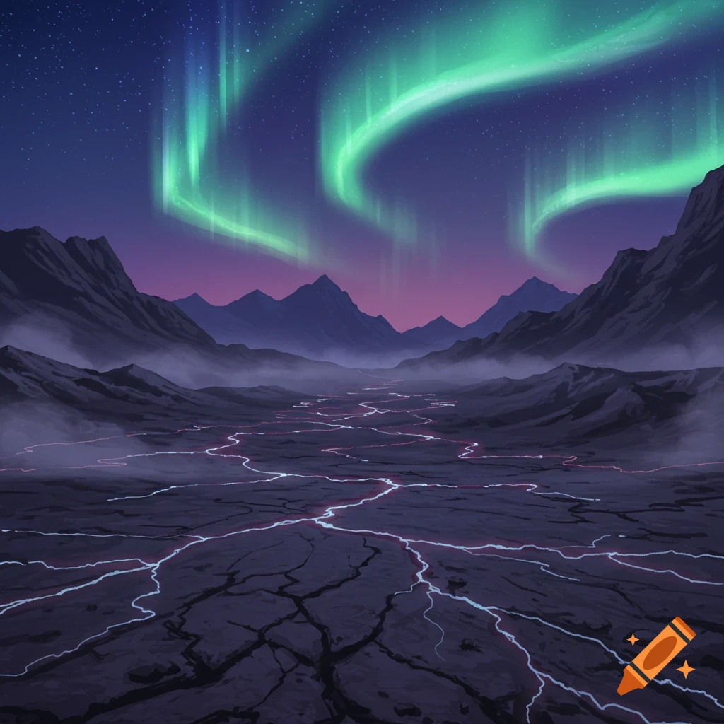 Digital art of a fantasy landscape with green aurora over dark mountains and cracked ground with red and white glowing lines.