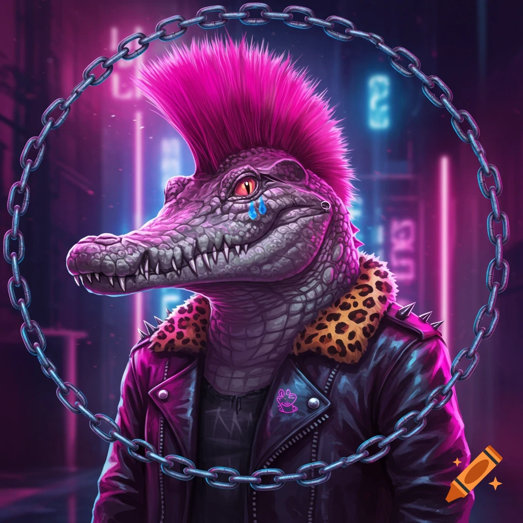 A punk crocodile with a pink mohawk, leather jacket, and leopard print collar, framed by a metal chain against a neon cityscape.