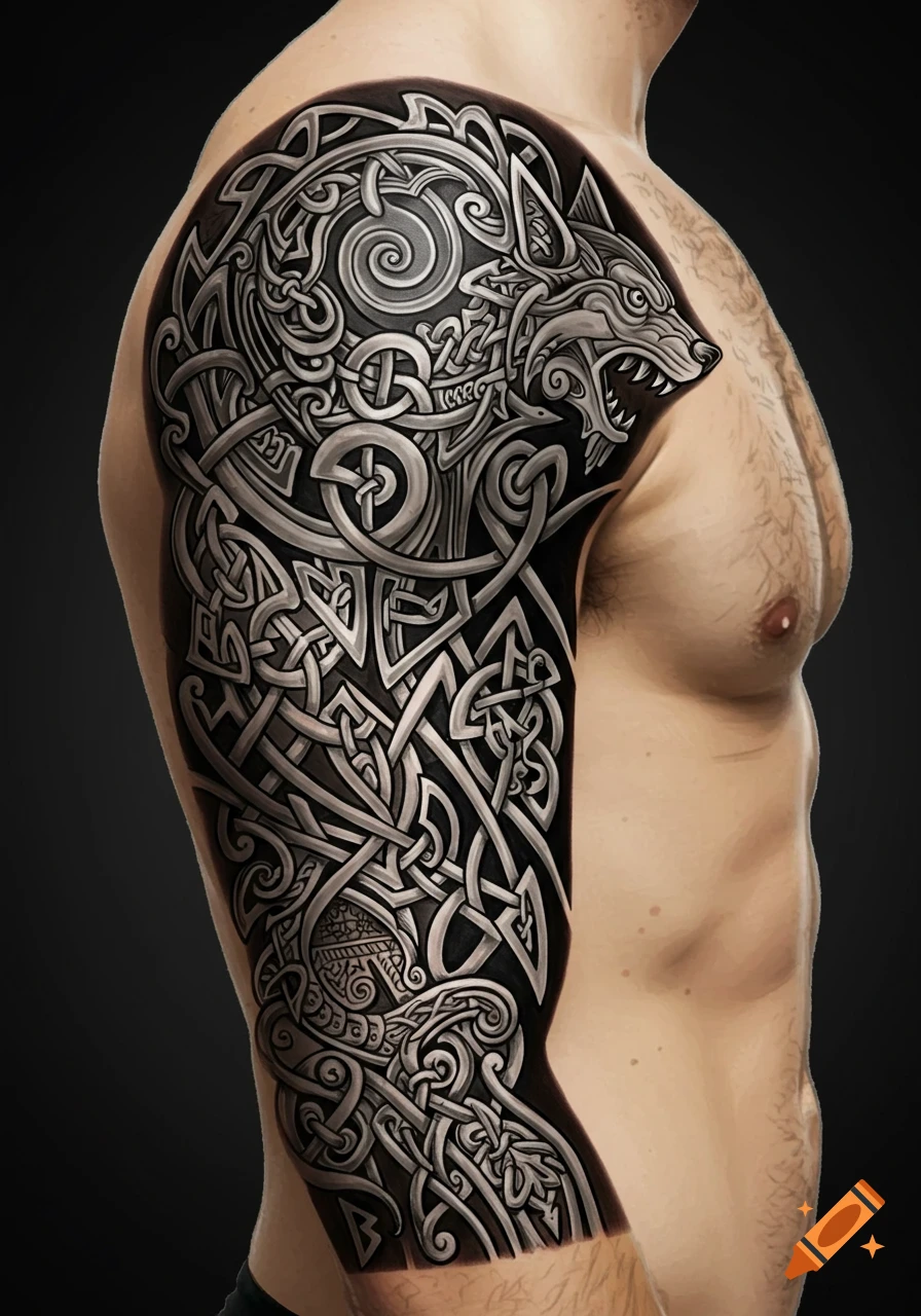 A shirtless man with a detailed grey and black full-sleeve Nordic tattoo featuring a wolf head and Celtic knots on his right arm.