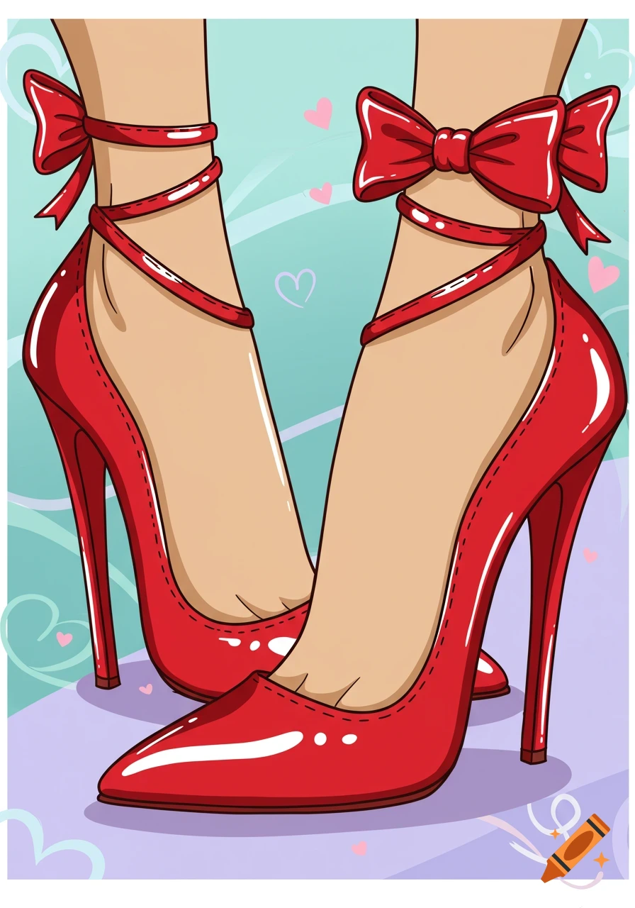 Cartoon illustration of two feet wearing shiny red high heels with red bows around the ankles, on a light blue and purple background.
