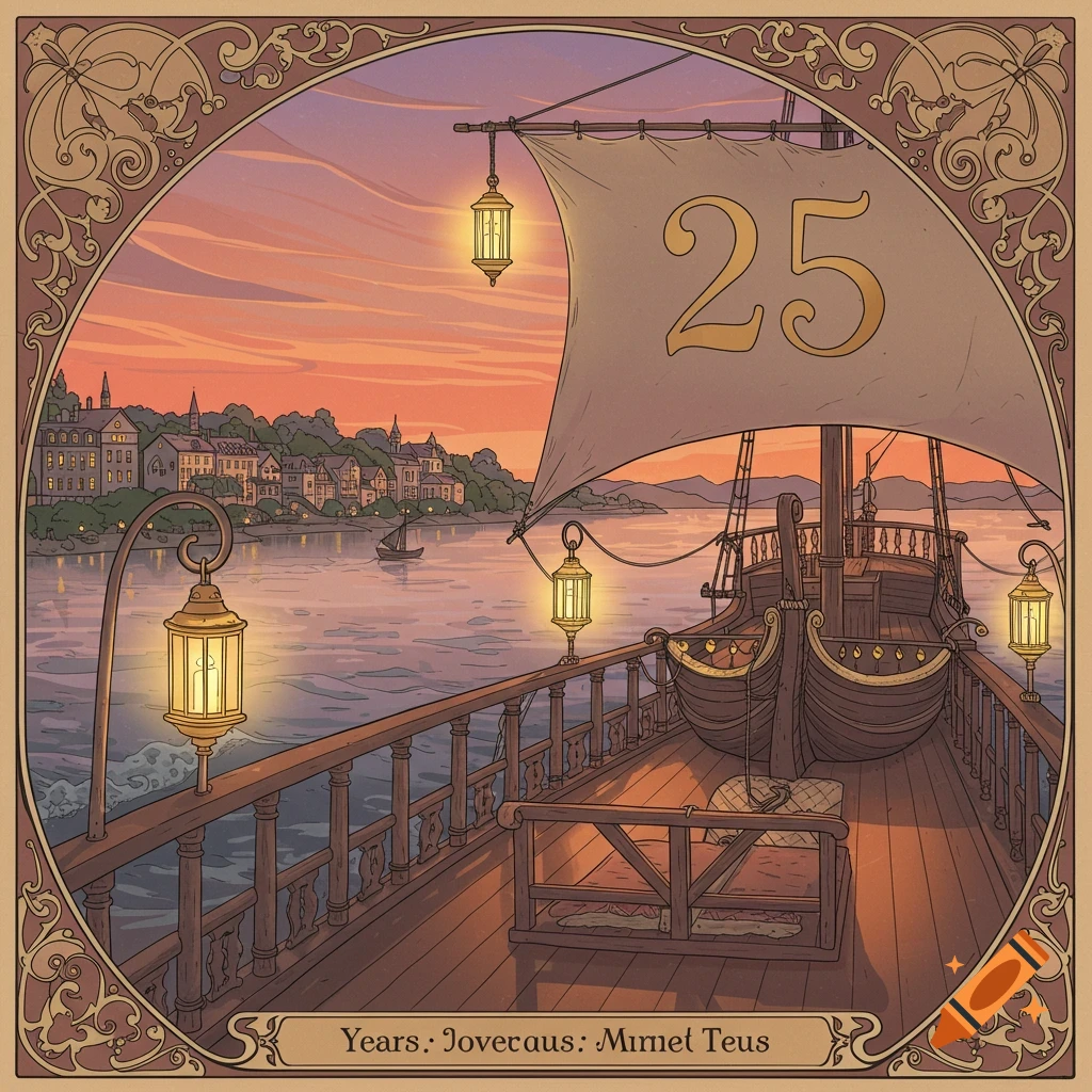 An Art Nouveau illustration of a boat with '25' on its sail, sailing towards a town at sunset, within an ornate frame.