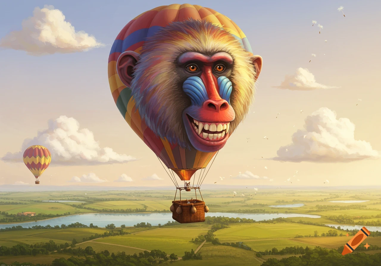 A giant, colorful hot air balloon shaped like a smiling baboon's head with a basket floats over a green landscape under a blue sky.