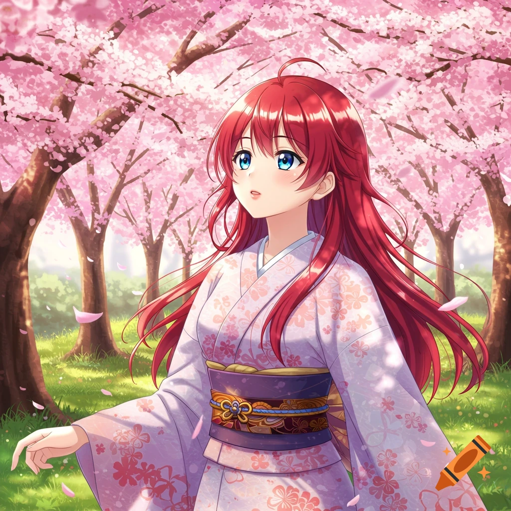 An anime girl with long red hair and blue eyes wearing a white kimono walks through a cherry blossom forest with pink petals falling.