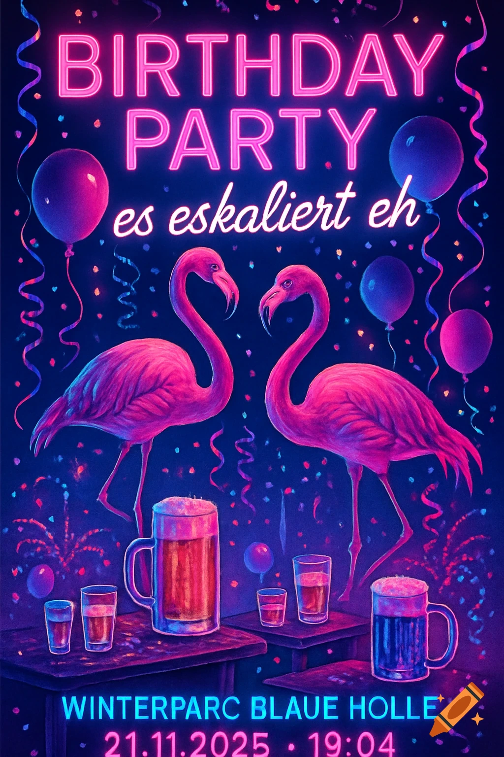 A neon-style birthday party invitation with pink flamingos, balloons, confetti, and drinks like beer and schnapps, against a dark blue background. Text reads 'BIRTHDAY PARTY es eskaliert eh WINTERPARC BLAUE HOLLE 21.11.2025 19:04'.