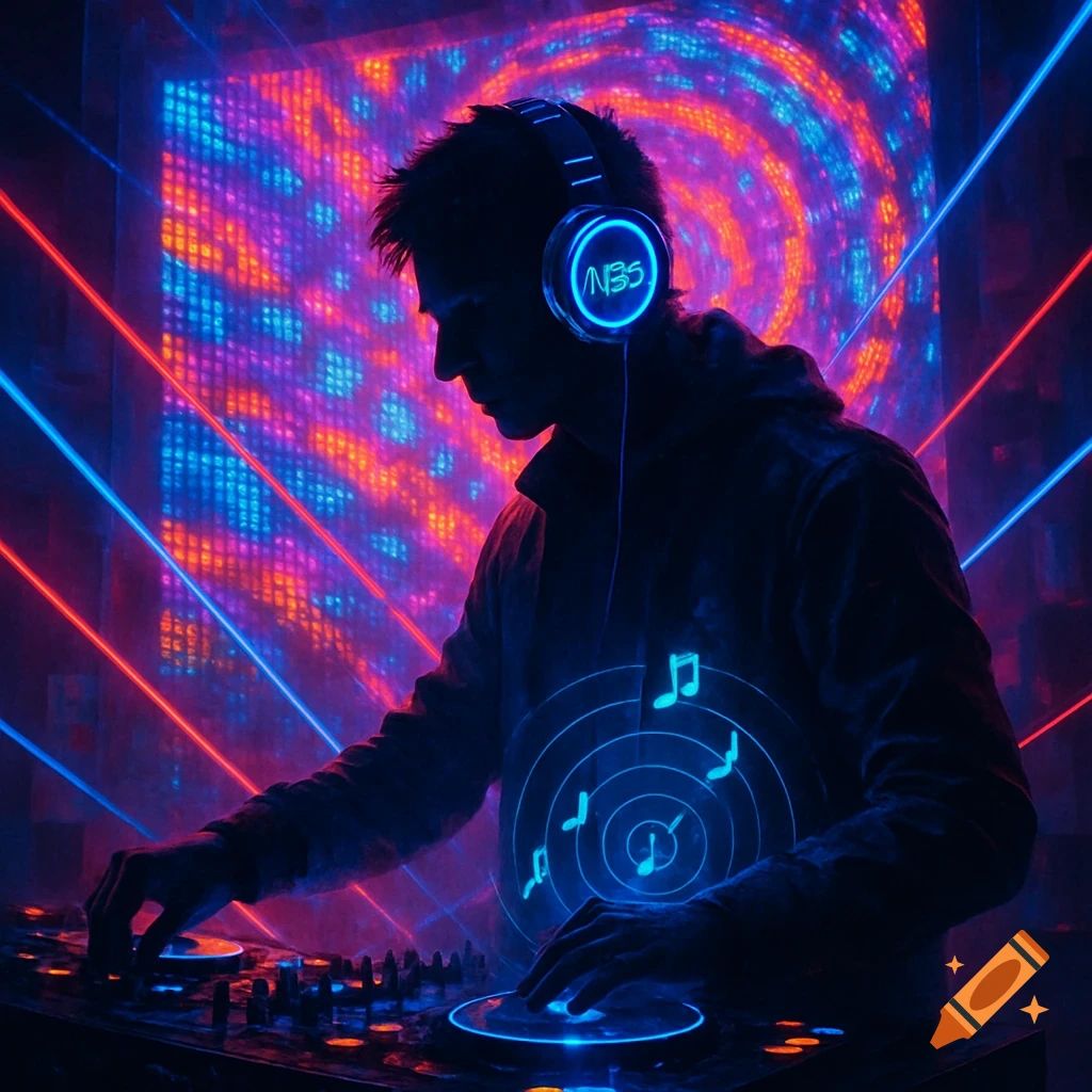 A person in profile, wearing glowing neon headphones with 'NBS' text, mixing music on a DJ deck amidst blue and red neon lights and floating musical notes.